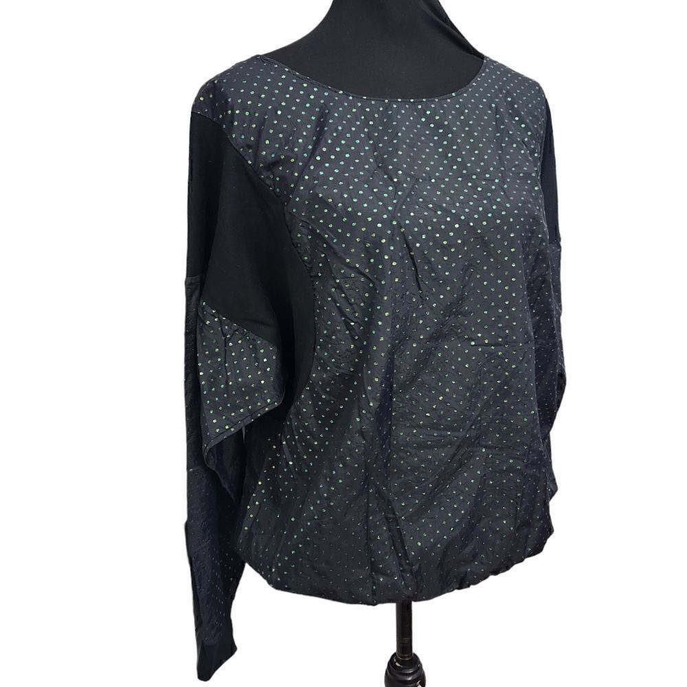 80's Vintage Body Warmers Dance Shirt M L Loose Fit Women Black Green Polka Dot